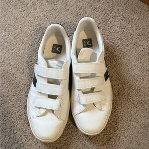 Veja White Leather Velcro Sneakers with Black V
